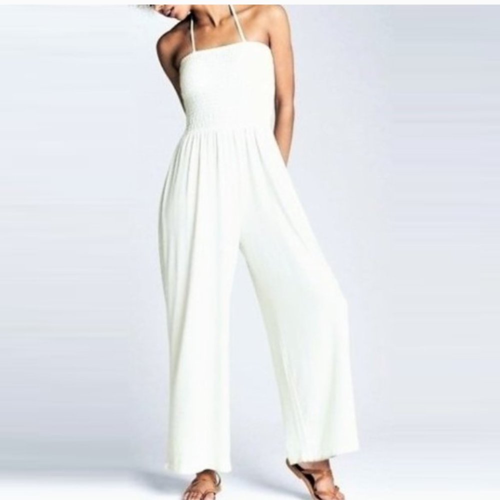 GAP White Smocked Strapless Jumpsuit XL